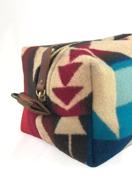 Large Toiletry Bag - Blues & Reds Tribal Blanket with Leather