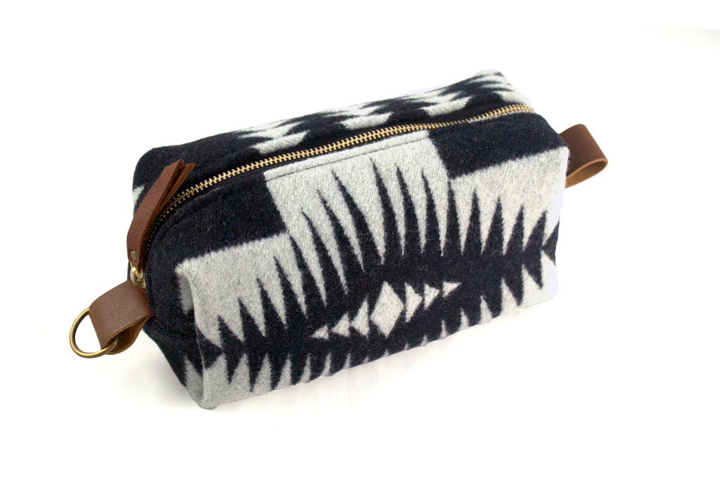 Medium Toiletry Bag - Black & White Tribal Blanket with Leather