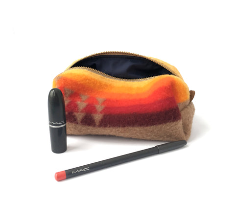 Small Toiletry Bag - Warm Tribal Blanket with Leather