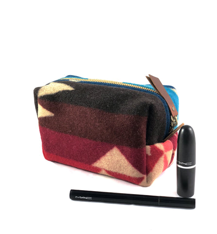 Small Toiletry Bag - Blues & Reds Tribal Blanket with Leather