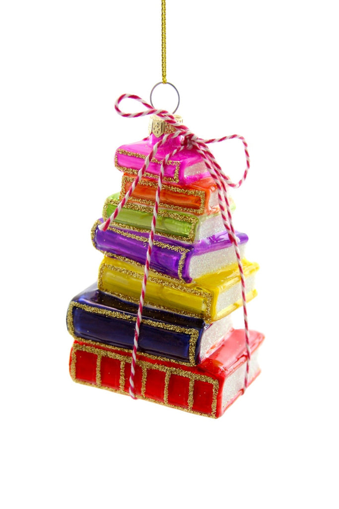 Stacked Tomes ornament Stacked Books ornament bright colors classic novels book worm book club ornament glass Cody Foster GO-6772-B