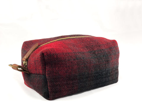 Large Toiletry Bag - Red & Black Plaid Blanket with Leather