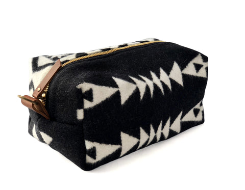 Large Toiletry Bag - Black & White Tribal Blanket with Leather