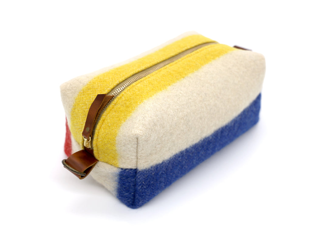Hudson Bay Blanket Toiletry Bag blue red yellow ucan zipper brass zipper leather handles