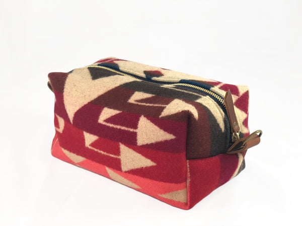 Large Toiletry Bag - Blues & Reds Tribal Blanket with Leather