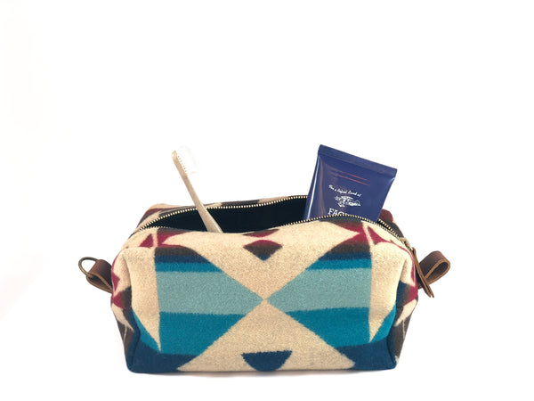 Large Toiletry Bag - Blues & Reds Tribal Blanket with Leather