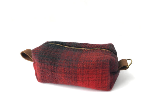 Medium Toiletry Bag - Red & Black Plaid Blanket with Leather