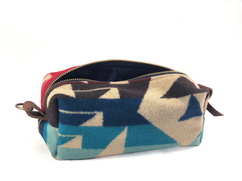 Medium Toiletry Bag - Blues & Reds Tribal Blanket with Leather