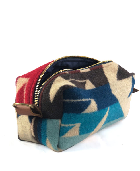 Medium Toiletry Bag - Blues & Reds Tribal Blanket with Leather