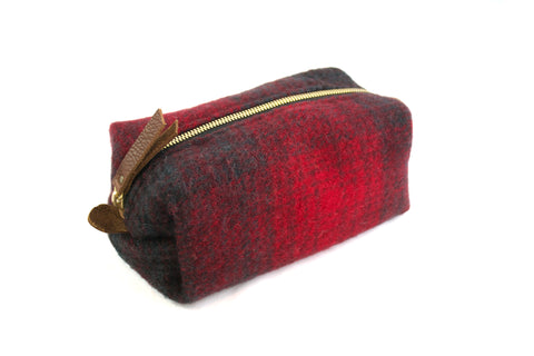 Small Toiletry Bag - Red & Black Plaid Blanket with Leather