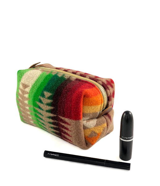 Small Toiletry Bag - Warm Tribal Blanket with Leather