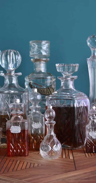 Antique Liquor Decanters Glass Ornaments - Vodka, Gin, Whiskey, Bourbon, Rum, Tequila (Set of 6)
